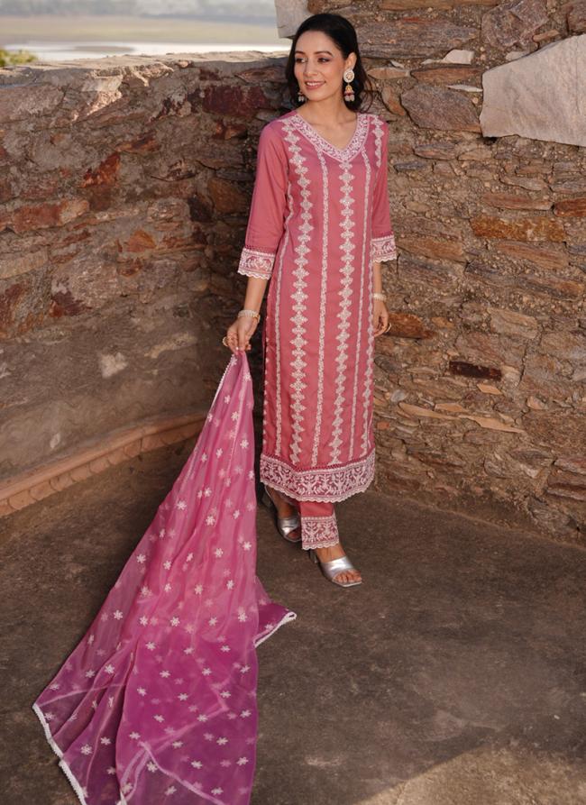 Chanderi Cotton Pink Festival Wear Lucknowi Work Readymade Salwaar Suit